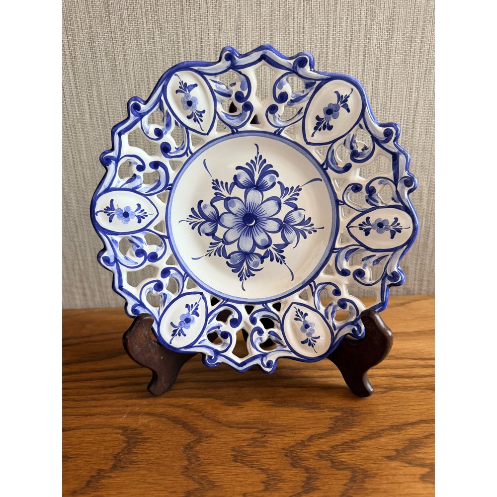 Vintage RCCL Portugal Blue White Reticulated Floral Plate Hand Painted